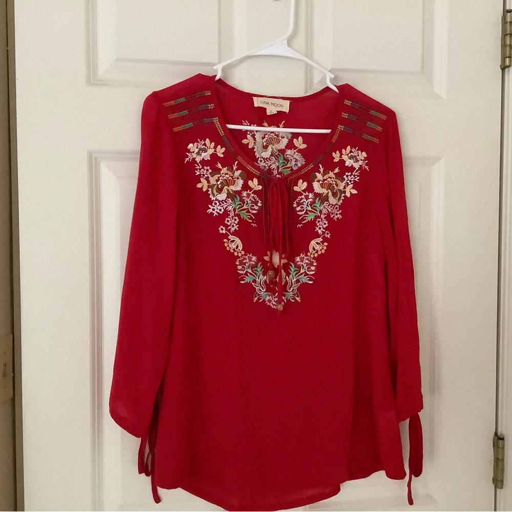 Red Embellished 3/4 Sleeve Blouse